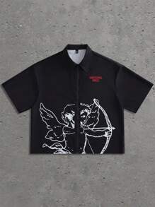 Manfinity LEGND Plus Size Men's Loose Fit Cupid Angel & Letter Print Drop Shoulder Short Sleeve Summer Shirt, Street Wear, Going Out