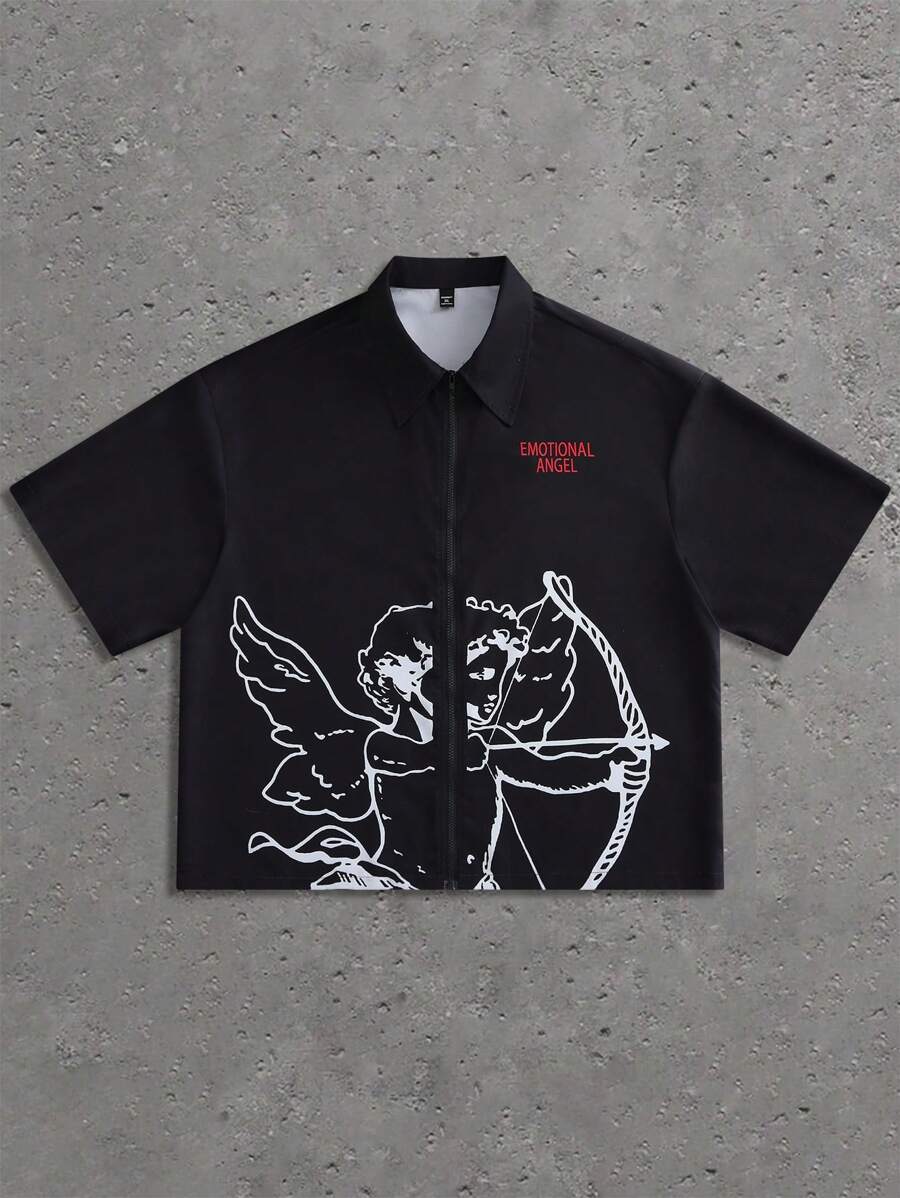 Manfinity LEGND Plus Size Men's Loose Fit Cupid Angel & Letter Print Drop Shoulder Short Sleeve Summer Shirt, Street Wear, Going Out