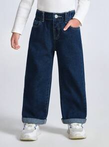 SHEIN Genkimix Kids Young Girl Vintage Wide Leg Washed Denim Jeans, Autumn/Winter - Dark Wash - View 1