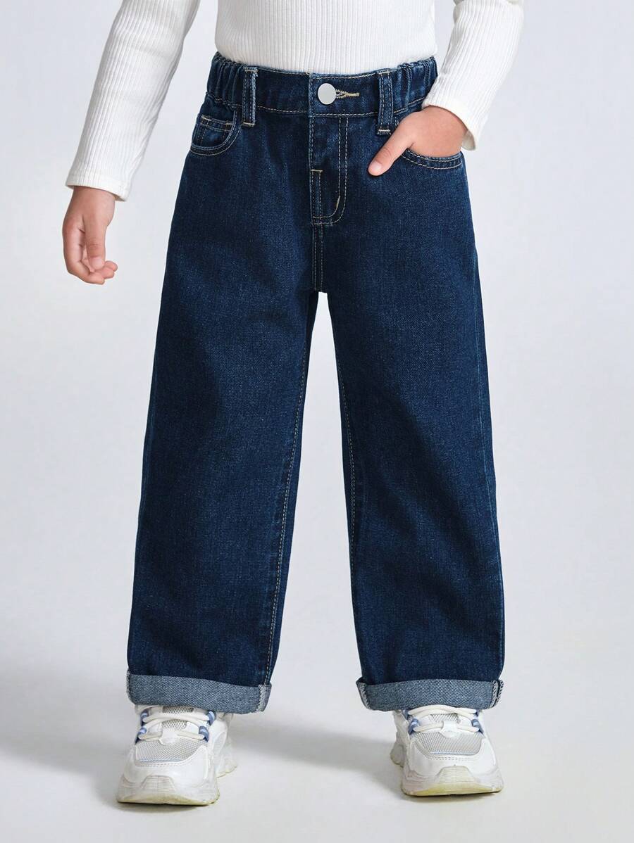 SHEIN Genkimix Kids Young Girl Vintage Wide Leg Washed Denim Jeans, Autumn/Winter - Dark Wash - View 1