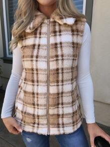 SHEIN LUNE Women's Plaid Print Zip-Up Fuzzy Vest Jacket, Autumn Fall Clothes