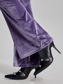 SHEIN 青少年女孩高腰弹力腰喇叭腿纯色裤子 - 淺灰紫 - 查看 5