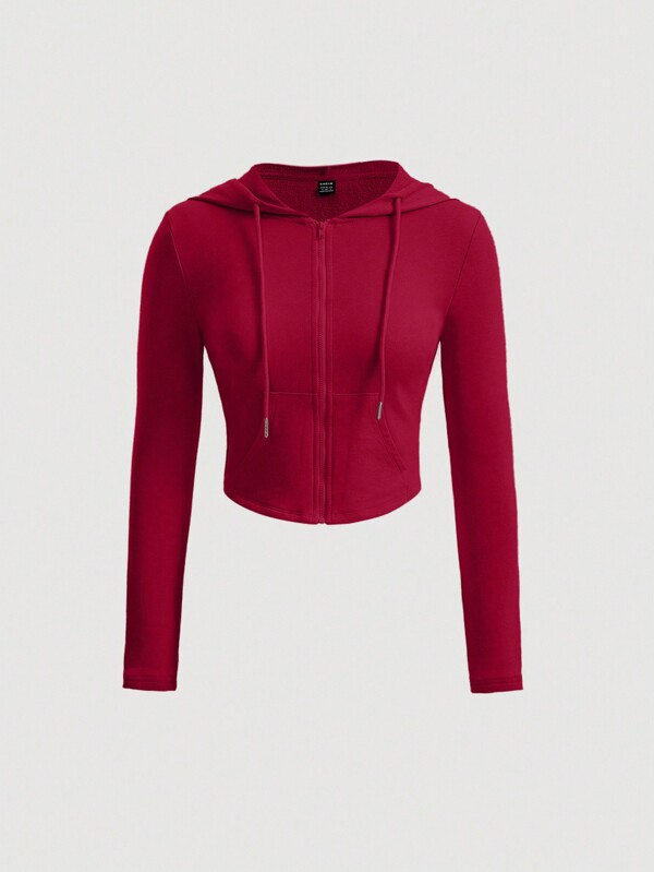 SHEIN MOD Women's Solid Color Zip-Up Front Drawstring Hoodie Sweatshirt, Spring & Autumn