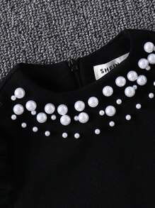 SHEIN Young Girl 1 Pc Pearl Decorated Neck Color Block Patchwork Pleated Dress, Casual Simple Elegant, Wedding Season, Ladylike Gentleman, Autumn And Winter, For Christmas, Party Wear, Daily Wear, Birthday Dress, Princess Dress - Multicolor - View 5