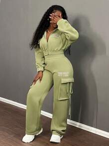 Letter Graphic Drop Shoulder Crop Sweatshirt & Flap Pocket Cargo Pants - Green - View 3
