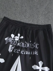 Manfinity Homme 2 件大码男士春秋字母和十字印花前拉链连帽衫运动衫和运动裤休闲运动服套装 - 黑與白 - 查看 5