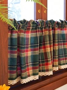 1 件圣诞绿色格子流苏短窗帘，美国复古农舍风格咖啡窗帘，柔软舒适节日装饰窗帘，适用于餐厅厨房咖啡厅门口隔断 - 墨綠色 - 查看 2