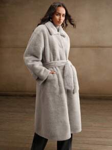 Anewsta High-End Waist Cinching Fluffy Long Coat - Light Grey - View 3