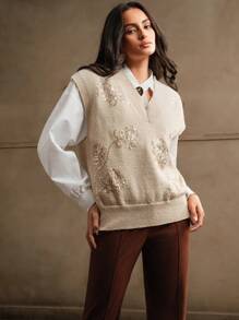 Anewsta Chaleco holgado de punto con cuello en V, con flores de rosas y perlas bordadas, para otoño e invierno