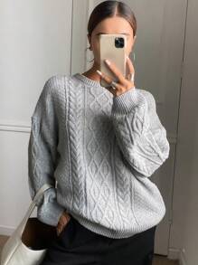 DAZY Plain Loose Long Sleeve Crew Neck Sweater For Women - Grey - View 1