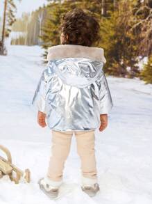 Baby Girls' Letter Print Zip-Up Hooded Padded Coat With Silver Contrast Fluffy Trim - Silver - View 2