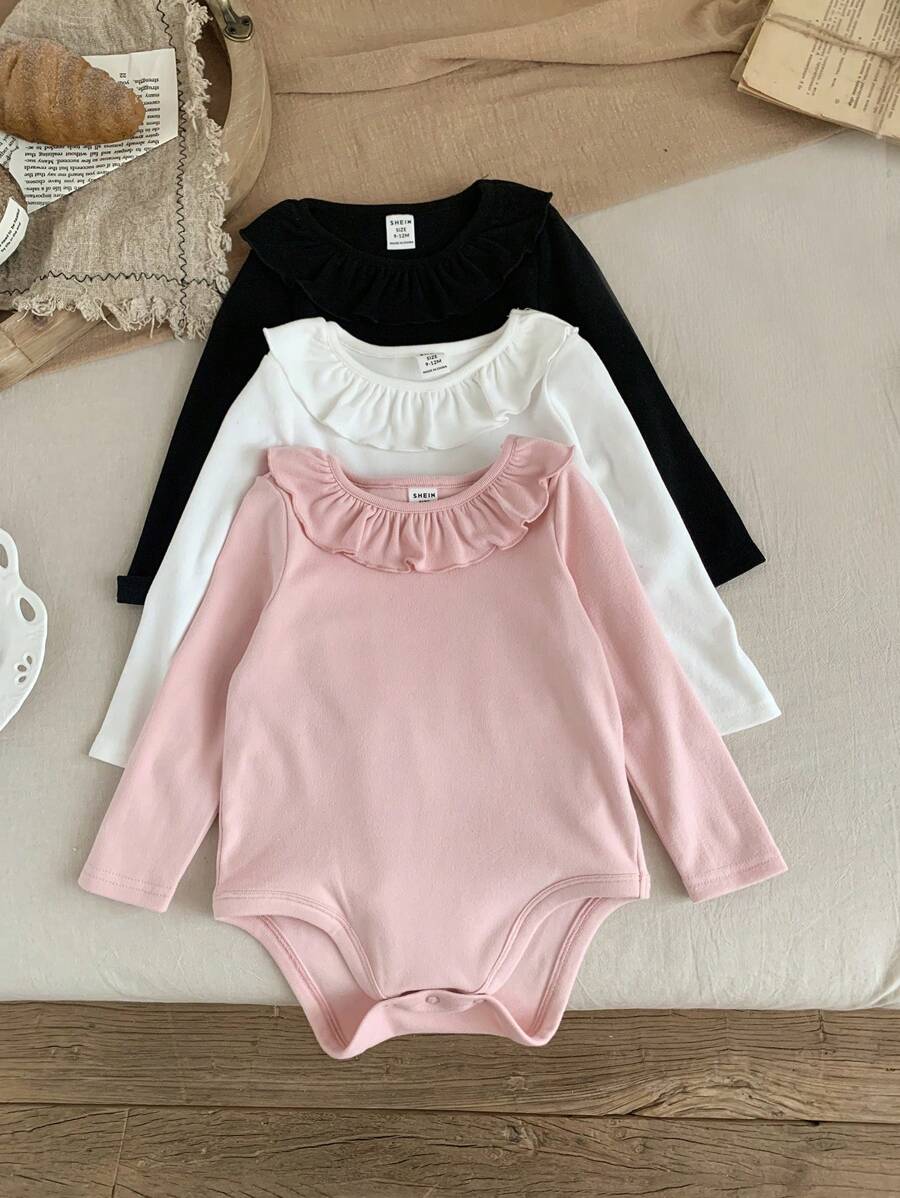 SHEIN LMoss Kids LMoss 3件套新生女宝宝荷叶边领针织连体衣，秋冬季