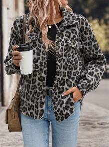 SHEIN LUNE Leopard Print Button-Up Lapel Collar Casual Jacket - Multicolor - View 3