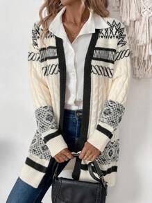 SHEIN Clasi Retro Oversized Color Block Jacquard Knit Cardigan Sweater