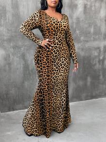 Maweii Plus Size Women's Spring Autumn V-Neck Long Leopard Print Dress Maxi Women Outfit - Yellow - View 1