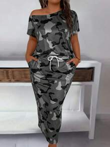 Maweii Plus Size Women's Camo Asymmetrical Collar Top And Skirt Two Piece Set - Multicolor - View 1