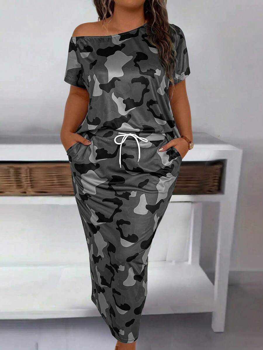 Maweii Plus Size Women's Camo Asymmetrical Collar Top And Skirt Two Piece Set - Multicolor - View 1