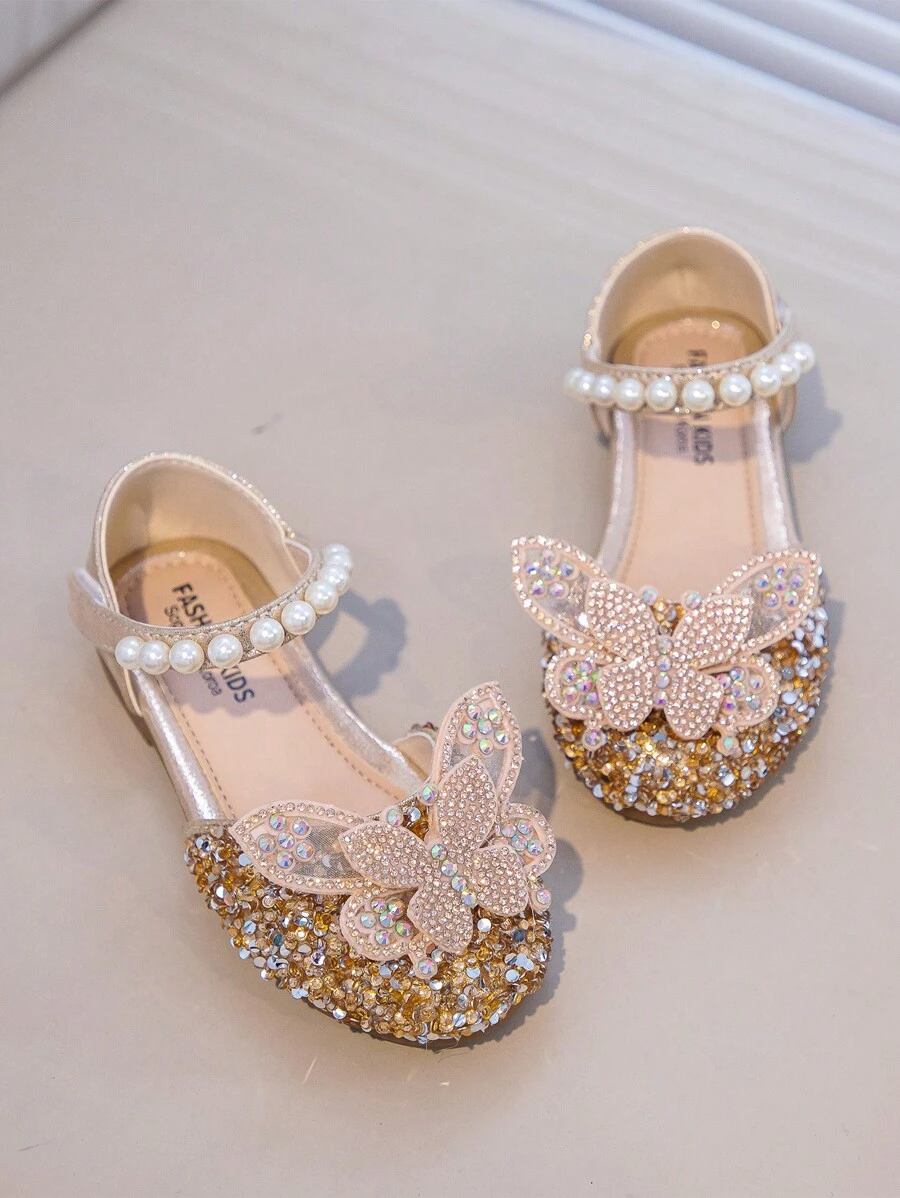 1 Pair Golden Color Children Flat Shoes With Rhinestones Cute Butterfly Glitter Slip-On - Gold - View 1