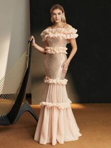 MOTF Soiréza MESH AND SEQUINS OFF SHOULDER RUFFLE TRIM MAXI COCKTAIL DRESS - Apricot - View 7