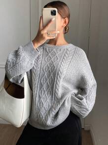 DAZY Plain Loose Long Sleeve Crew Neck Sweater For Women - Grey - View 7