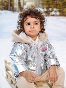 Baby Girls' Letter Print Zip-Up Hooded Padded Coat With Silver Contrast Fluffy Trim - Silver - View 6