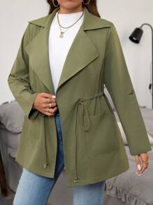 SHEIN LUNE Plus Size Trench 1pc Collared, Waist-Tie, Drawstring Long Trench Coat - Army Green - View 5