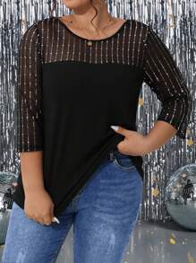 SHEIN CURVE+ 大码女式 3/4 袖亮片拼接黑色 T 恤，春夏 - 黑色 - 查看 1