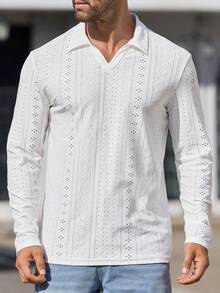 GENTILAND 男士提花针织贴身休闲长袖立领 Polo 衫，适合秋季 - 白色 - 查看 3