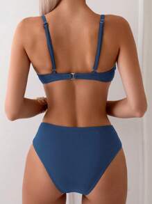 Swim Chiccia Women Summer Beach Solid Color Ruffle Sexy Bikini Swimwear Set - Dusty Blue - View 6