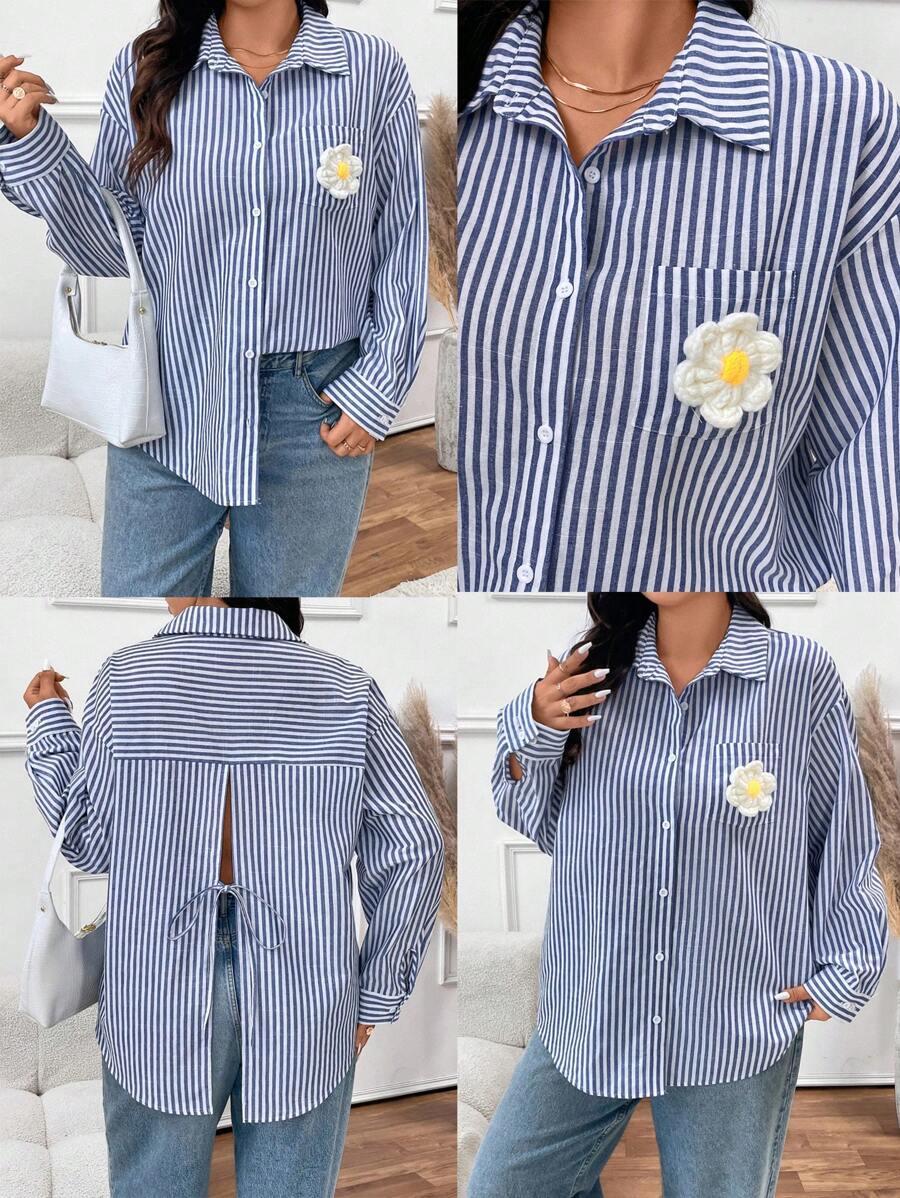 SHEIN Frenchy 大码女装春夏宽松条纹袖花卉装饰衬衫 - 藍色 - 查看 1