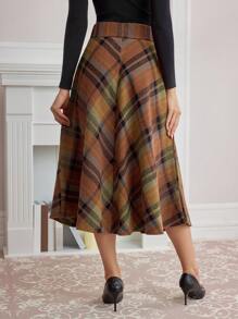 Vintamour Retro Elegant Daily A-Line Skirt, Checkered Orange-Brown Thanksgiving Women Outfit Fall Clothes Winter Women Skirt