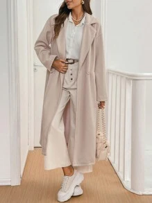 SHEIN Frenchy Women's Casual Striped Solid Color Drop Shoulder Long Sleeve Pockets Lapel Warm Brushed Woolen Coat, Autumn & Winter,Twill Texture Suit Collar Long Tweed Coat,Business Casual Women,Winter Women Costumes,Long Women Coats