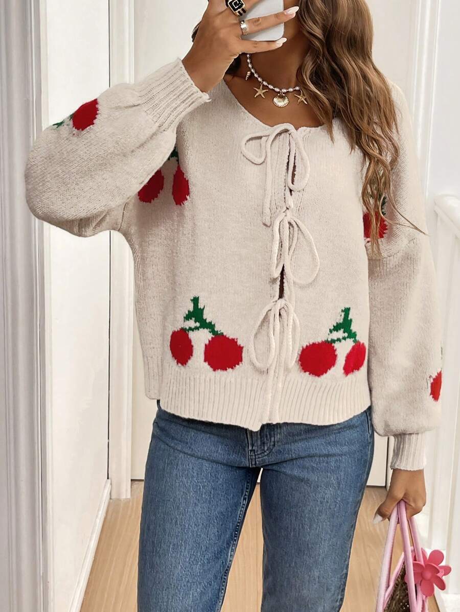 SHEIN Frenchy Áo khoác cardigan dài tay rộng rãi, dáng rộng, thắt nút phía trước, vai trễ, họa tiết quả anh đào, mùa thu/đông cho nữ, áo khoác cardigan dài tay thắt nút màu trơn cỡ lớn, đi làm, tối giản, trang phục công sở, phong cách cổ điển, đơn giản, áo len cardigan dệt kim màu trơn thắt nút phía trước cho nữ, có thể mặc bên ngoài áo phông, áo len cardigan cỡ lớn dễ thương, siêu ấm và mềm mại! - Nhiều màu - Xem 1