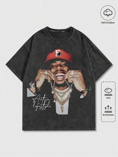 Street Life Camiseta de manga corta con retrato y lavado ácido para hombre, adecuada para el uso diario en primavera/verano