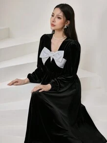 Modelyn Vestido largo de manga larga elegante con decoración de moño para mujeres, vestidos largos de noche de primavera y otoño