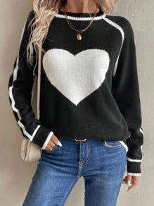 EMERY ROSE Women's Round Neck Raglan Sleeve Heart Pattern Casual Pullover Sweater, Autumn/Winter, Knit Pullover Fall - Black and White - View 4