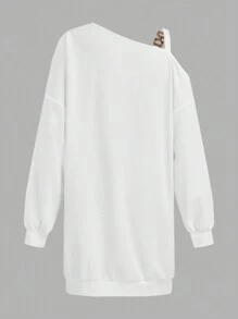 SHEIN Lady فستان تيشيرت كاجوال بأكمام طويلة مطبوع عليه دمية أربعة فصول أبيض للنساء