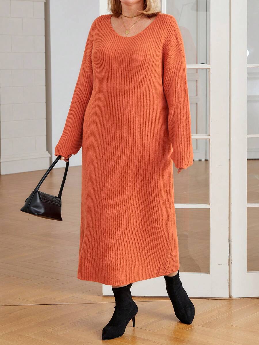 Halloween Plus Size Solid Color Long Knit Sweater Dress, Autumn/Winter - Coffee Brown - View 1