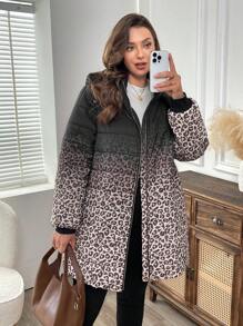 EMERY ROSE 大码女式豹纹长袖连帽休闲长款外套，冬季女装 - 彩色 - 查看 7