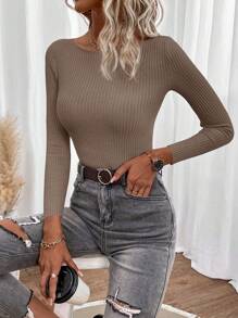 SHEIN Clasi Sweater Pullover Wanita Warna Polos Leher Bulat Lengan Panjang Slim Fit, Musim Gugur/Dingin - Coffee Brown - View 4