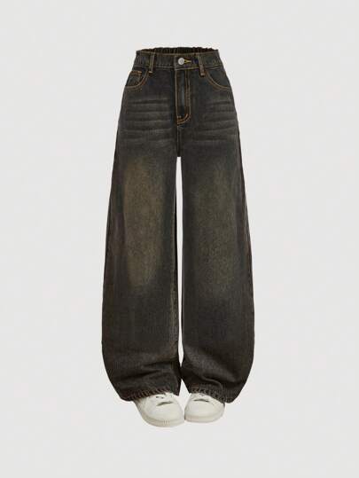 SHEIN Girlism Tween 女童 Y2K 时尚复古水洗高腰猫须水洗宽松直筒牛仔裤，Tween 女童秋冬装返校街头服饰