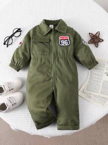男婴军装连体衣，工装绿，拉链领，飞行员风格，带字母刺绣装饰，适合户外活动、万圣节派对、角色扮演和拍照 - 軍綠色 - 查看 1
