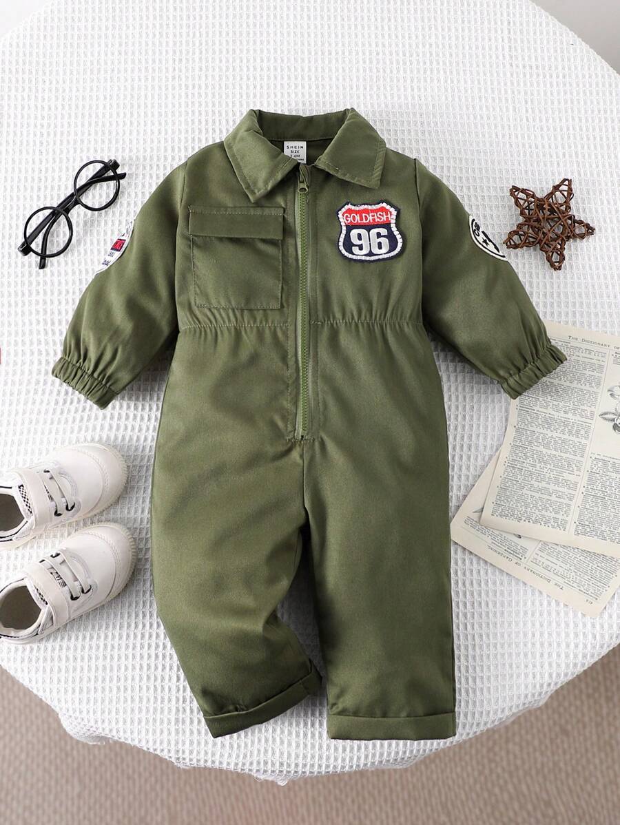 男婴军装连体衣，工装绿，拉链领，飞行员风格，带字母刺绣装饰，适合户外活动、万圣节派对、角色扮演和拍照 - 軍綠色 - 查看 1