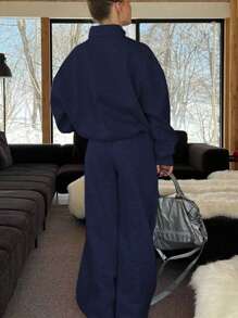 INAWLY Solva Women's Solid Color Zipper Half Placket Dropped Shoulder Long Sleeve Sweatshirt And Loose Casual Pants 2 Pieces Set, Autumn/Winter Fall Cloth For Women