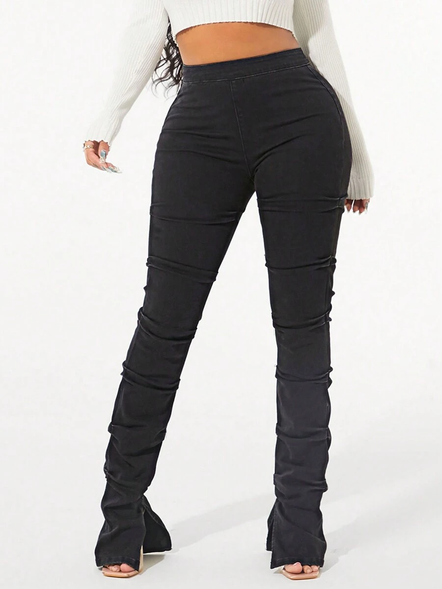 SHEIN SXY Jean skinny fendu avec fronces, couleur unie - Noir - Voir 1