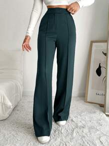 EURMUSE Women's Solid Color Zipper Front Slash Pocket Seam Front Wide Leg Dress Pants - Dark Green - View 3