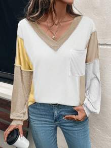 SHEIN LUNE Camiseta holgada de manga larga con escote en V y hombros caídos, estilo casual para mujer, primavera otoño