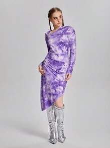 SHEIN 1 pezzo Abito midi aderente per ragazze adolescenti con design vintage Tintura a nodi, Primavera/Autunno