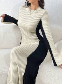 Mulvari Women's Autumn/Winter Crew Neck Long Sleeve Colorblock Ribbed Long Knitted Sweater Dress