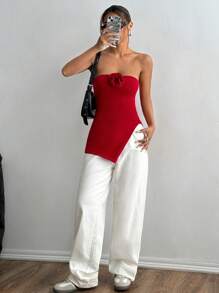 SHEIN Unity Women's Sexy Floral Decor Hem Slit Bandeau Knit Top